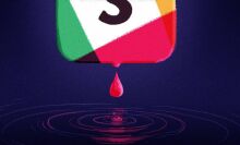 An illustration of the Slack logo leaking a red liquid into a pool of liquid.