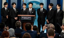 Members of the South Korean pop group BTS or Bantam Boys, (L to R) V (Kim Taehyung), JK (Jeon Jungkook), Jimin (Park Ji-min), RM Rap Monster (Kim Namjoon), Jin (Kim Seok-jin), J-Hope (Jung Ho-seok) and Suga (Min Yoongi) speak at the daily press briefing at the White House, on Tuesday, May 31, 2022 in Washington, DC.