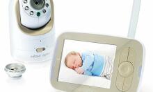 audio baby monitor on top left in white, video monitor with baby on bottom right