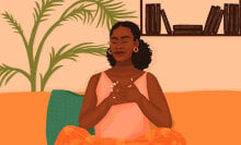 An illustration of a Black woman calmly placing her hands on her heart.