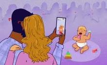 Illustration of parents recording video of a baby in front of a purple background representing a social media audience