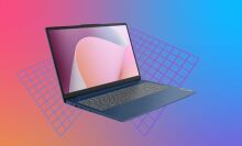 lenovo laptop on geometric grid and blue-orange background