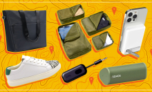 An illustration of various travel items, including July's Carry All Tote and Packing Cells, Twelve South's AirFly wireless adapter, Sunnystep's Elevate Sneakers, the Sonos Roam, and Belkin's Boostcharge Magnetic Wireless Power Bank 5K + Stand.