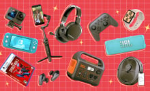 collage showing newly released gadgets on top of red grid