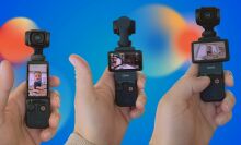 three cut-out pictures of dji osmo pocket in hand on blue background