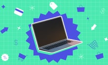 a laptop on a blue starburst cutout against a bright green background