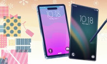 t-mobile smartphone illustration with gifts and snowflakes in background