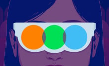 An illustration of a person's face in a dark theater. They are wearing white glasses that feature the Letterboxd logo. 