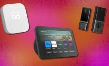 a smart thermostat, echo show 8, and a smart lock sit on a pink background