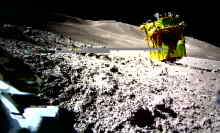 SLIM spacecraft sitting upside down on the moon