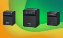 three eufy security smartbrop boxes on a green and yellow wavy background