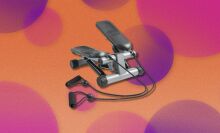 a black and silver mini stepper on a pink and purple background 