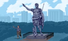 Mark Zuckerberg standing next to a statue of Augustus Caesar