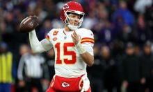 Chiefs quarterback Patrick Mahomes passing in the AFC Championship Game against the Baltimore Ravens