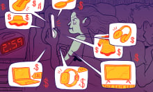 An illustration of a person angrily shopping online while on their phone in bed.