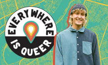 The Everywhere is Queer logo hovers next to a photo of Charlie Sprinkman on top of a green and orange street map. 