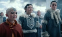 Aang, Katara, and Sokka stand in a line in the Northern Water Tribe.