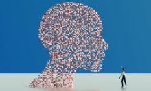 Pixelated human head as artificial intelligence, with a small human reaching towards it.