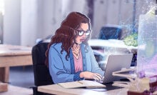 An illustration of a woman using a computer.