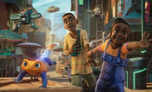 A girl and a boy and a lizard run through a high-tech Lagos marketplace in the animated film "Iwájú".