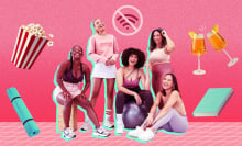 A group of women in workout clothes smiling and laughing surrounded by books, drinks, popcorn, and no wifi. 