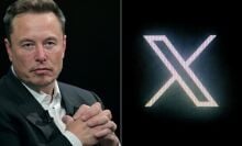 A composite of Elon Musk next to the X logo.