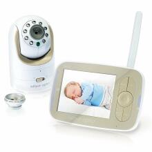 audio baby monitor on top left in white, video monitor with baby on bottom right