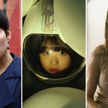 A woman with short brown hair against a cityscape, a young child in an astronaut helmet, and a woman looking exhausted and dirty form a triptych.