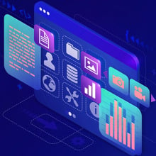 graphic of a computer screen displaying graphs and icons