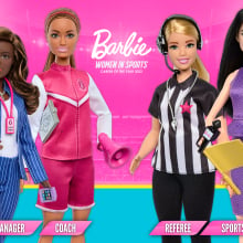 General manager, coach, referee, and sports reporter barbies on a pink and blue background.