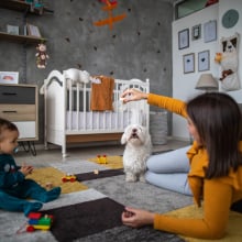 Parent playing with baby and dog in nursery