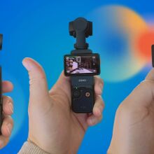 three cut-out pictures of dji osmo pocket in hand on blue background