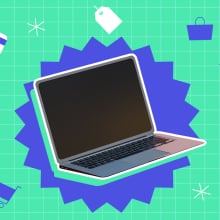 a laptop on a blue starburst cutout against a bright green background