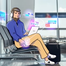 An animated person surrounded by tech with swirls of colorful, floating information screens.