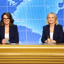 Tina Fey and Amy Poehler speak onstage during the 75th Primetime Emmy Award