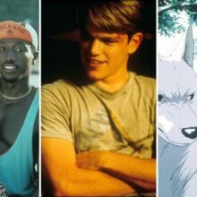 From left to right: A Black woman sits on a Black man's lap; a white man looks slightly off camera; an young girl rides a wolf (animated)