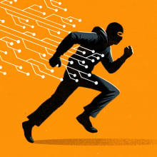 An illustration of a masked thief running while carrying network or technology or circuit board lines.