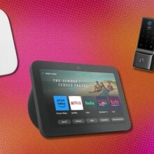 a smart thermostat, echo show 8, and a smart lock sit on a pink background