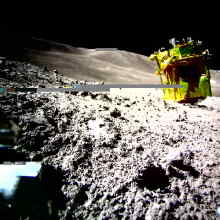 SLIM spacecraft sitting upside down on the moon