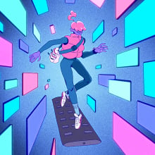 Blue, pink, and purple illustration of person surfing on a TV remote with TVs flying past in air