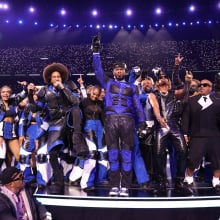 H.E.R., Ludacris, Usher, Lil Jon, Jermaine Dupri and will.i.am perform onstage during the Apple Music Super Bowl LVIII Halftime Show at Allegiant Stadium