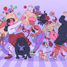 A purple-hued illustration of a crowd of people running into each other. 