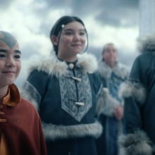 Aang, Katara, and Sokka stand in a line in the Northern Water Tribe.