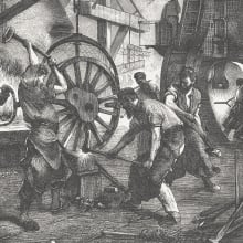 Industrial revolution workers using hammers