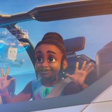 Tola stares out of a flying car in the Disney animated series "Iwájú".