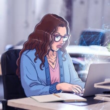 An illustration of a woman using a computer.
