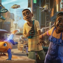 A girl and a boy and a lizard run through a high-tech Lagos marketplace in the animated film "Iwájú".