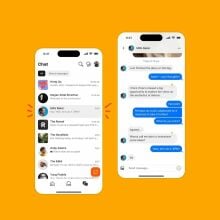 A mock-up of Substack's chat function on two phones, sitting on an orange background.