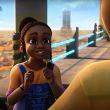 A girl in Lagos looks excited in the animated film "Iwájú"