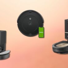 iRobot Roomba vacuums and Braava mops against an abstract background